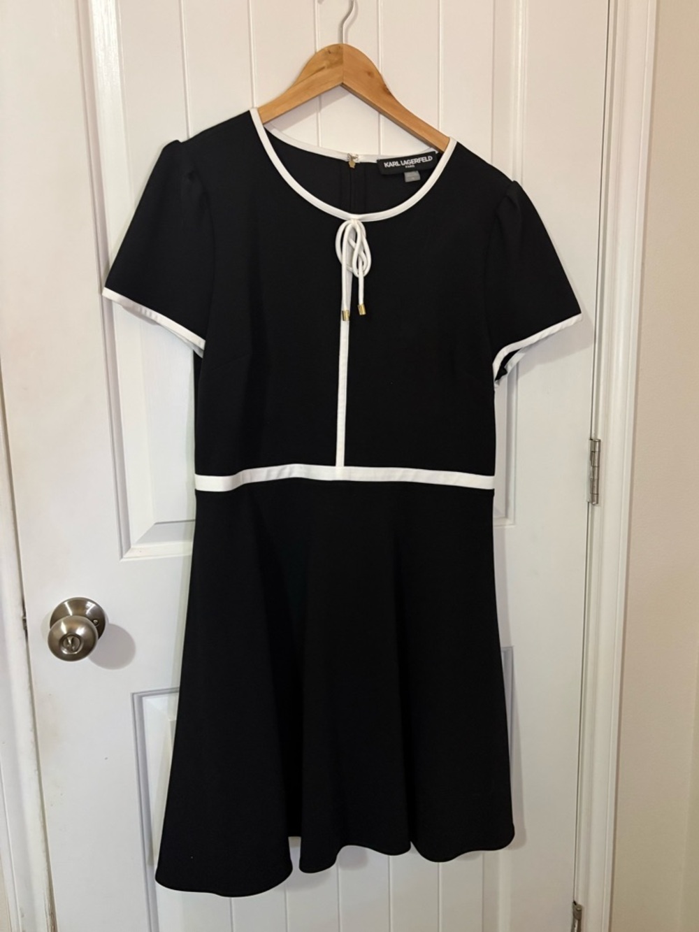 Karl Lagerfeld Black Dress with White Trim and Tie Neck